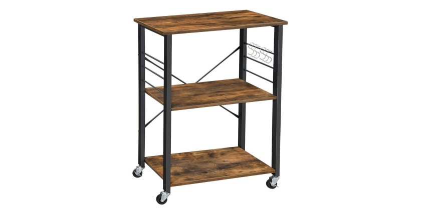 Desserte de cuisine sur roulettes style industriel collection TAMPA structure en métal noir et plateau en bois.