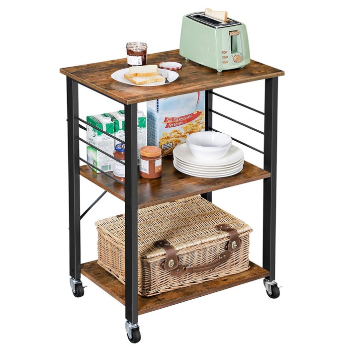 Desserte de cuisine sur roulettes style industriel collection TAMPA structure en métal noir et plateau en bois.