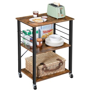 Desserte de cuisine sur roulettes style industriel collection TAMPA structure en métal noir et plateau en bois.