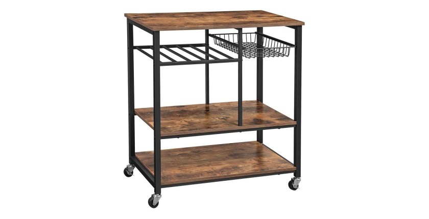 Desserte XL de cuisine sur roulettes style industriel collection TAMPA structure en métal noir et plateau en bois.