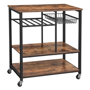 Desserte XL de cuisine sur roulettes style industriel collection TAMPA structure en métal noir et plateau en bois.