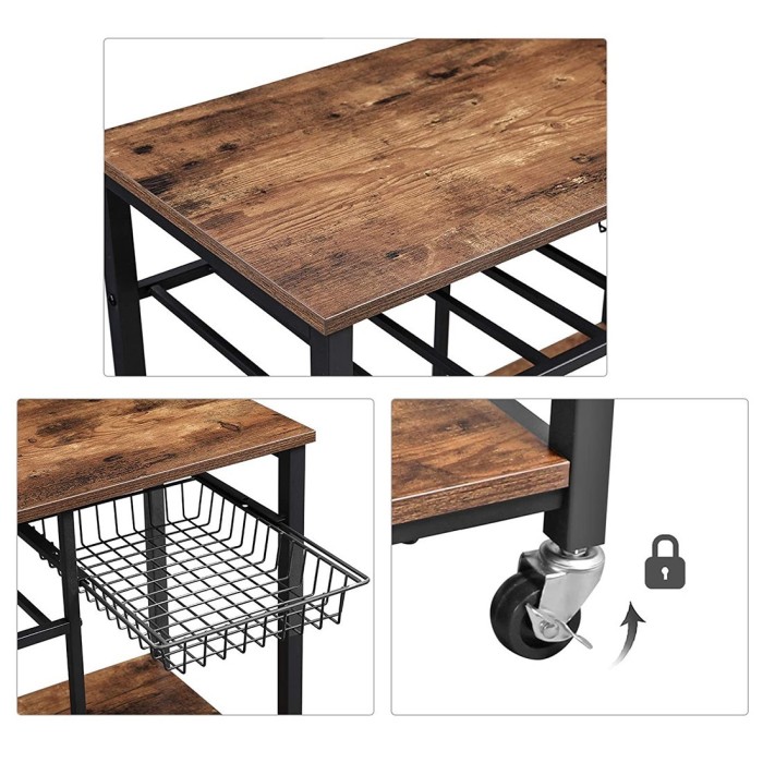 Desserte XL de cuisine sur roulettes style industriel collection TAMPA structure en métal noir et plateau en bois.