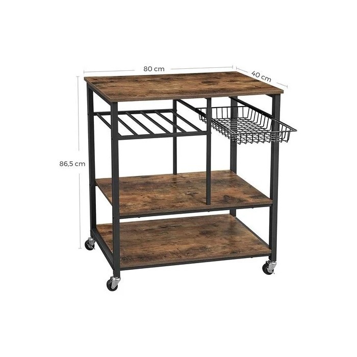 Desserte XL de cuisine sur roulettes style industriel collection TAMPA structure en métal noir et plateau en bois.