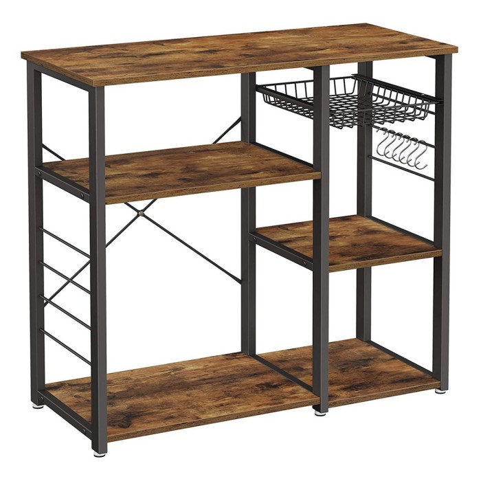 Étagères de cuisine style industriel collection TAMPA structure en métal noir et plateau en bois.