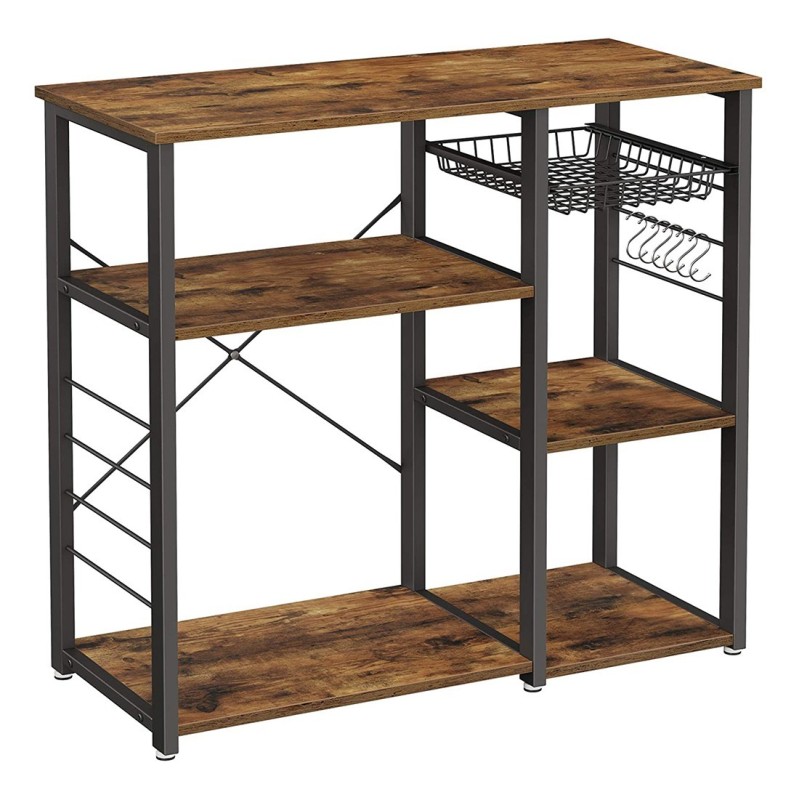 Étagères de cuisine style industriel collection TAMPA structure en métal noir et plateau en bois.