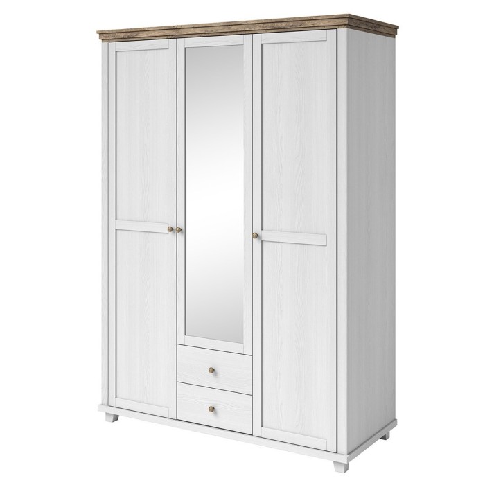 Chambre à coucher ASSIA : Armoire 150cm, Lit 160x200, commode, chevets. Coloris blanc et  chêne.