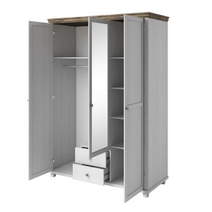 Chambre à coucher ASSIA : Armoire 150cm, Lit 160x200, commode, chevets. Coloris blanc et  chêne.