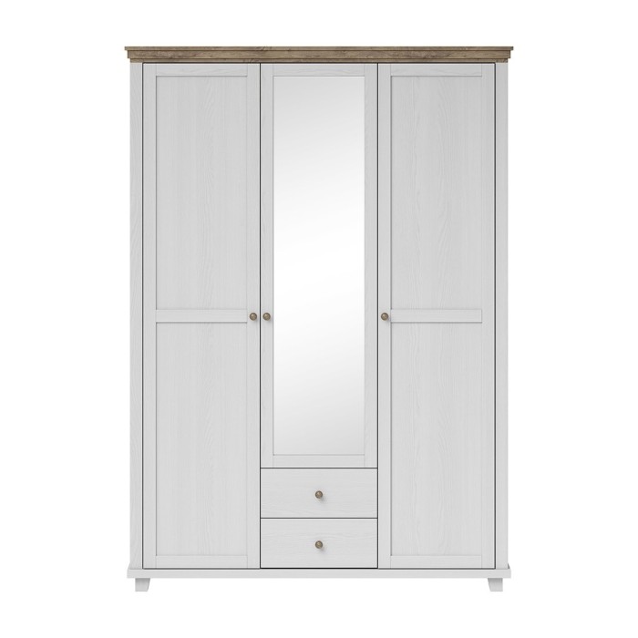 Chambre à coucher ASSIA : Armoire 150cm, Lit 160x200, commode, chevets. Coloris blanc et  chêne.