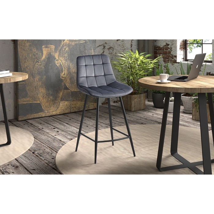 Chaise de comptoir 'Jute' Velours Gris foncé, dimensions : H95 x L46 x P36 cm