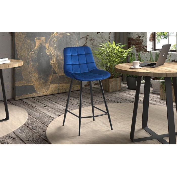 Chaise de comptoir 'Jute' Velours Bleu, dimensions : H95 x L46 x P36 cm