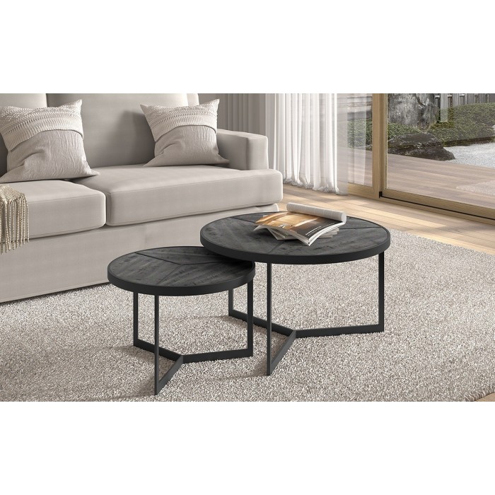 Table basse gigogne ronde en bois massif exotique. finition noir collection LAVE.