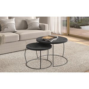 Table basse gigogne ronde en bois massif exotique. Finition noir. Collection LARSON.