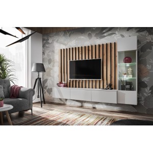 Ensemble de meubles de salon suspendus avec fond mural décoratif collection TASHYA. Couleur chêne, gris perle et noir