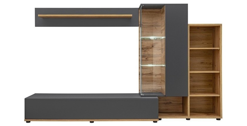 Composition murale collection KLIS 2 coloris gris anthracite et chêne. LED incluses. Meuble tv design