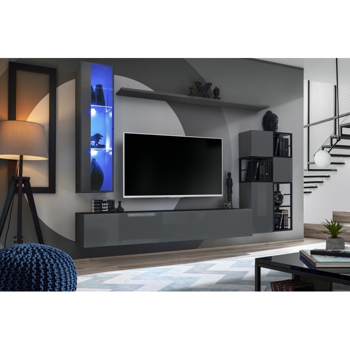 Meuble TV suspendu 180cm coloris gris collection SWITCH. Finitions brillantes.