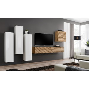Ensemble meuble salon SWITCH III design, coloris chêne et blanc. Finitions effet chêne fraisé et brillant.