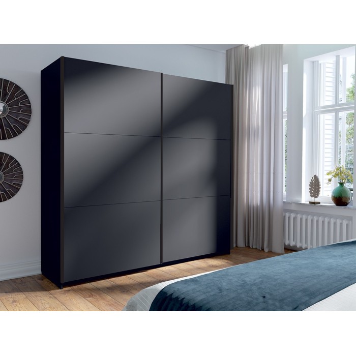 Armoire, garde robe ARSALA 200cm coloris gris graphite. Deux portes coulissantes. Dressing complet, penderie et étagères.