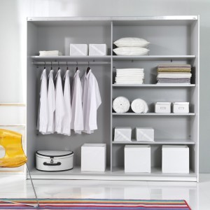 Chambre à coucher complète collection EOS : Armoire 200cm, Lit 180x200, commode, chevets. Couleur blanc mat