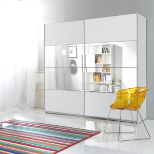 Chambre à coucher complète collection EOS : Armoire 200cm, Lit 180x200, commode, chevets. Couleur blanc mat