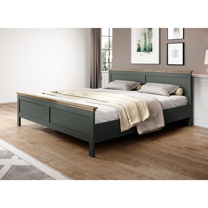 Lit adulte 140x200 collection ASSIA. Coloris vert kaki et  finitions aspect chêne.