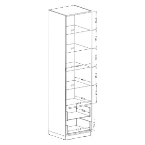 Vitrine haute, 1 porte vitrée et 2 tiroirs collection ZANTE avec LED intégrées. Coloris noir brillant pailleté.