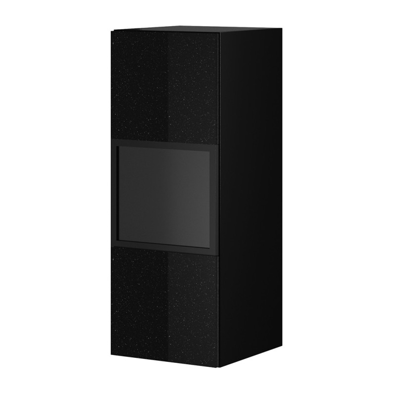 Vitrine suspendue, 1 porte vitrée avec LED intégrée collection ZANTE. Coloris noir brillant pailleté.