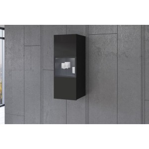 Vitrine suspendue, 1 porte vitrée avec LED intégrée collection ZANTE. Coloris noir brillant pailleté.