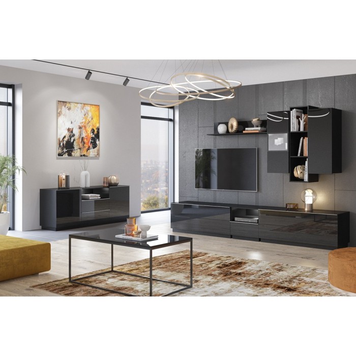 Buffet 180cm 2 portes et 2 tiroirs collection ZANTE. Coloris noir brillant pailleté. LED inclus