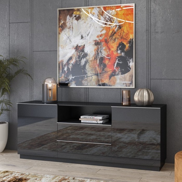 Buffet 180cm 2 portes et 2 tiroirs collection ZANTE. Coloris noir brillant pailleté. LED inclus