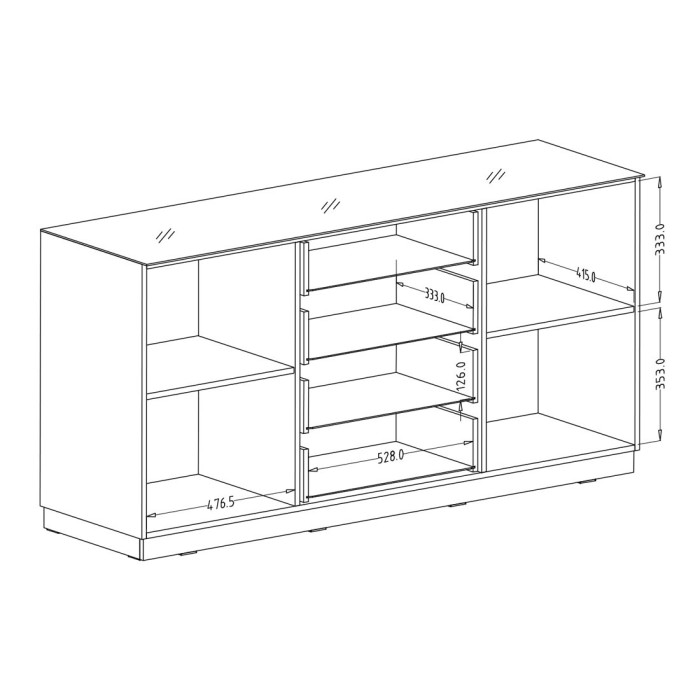 Buffet 160cm 2 portes et 4 tiroirs collection ZANTE. Coloris noir brillant pailleté.