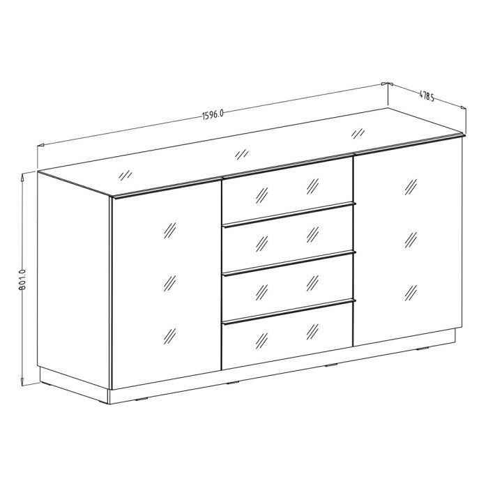 Buffet 160cm 2 portes et 4 tiroirs collection ZANTE. Coloris noir brillant pailleté.