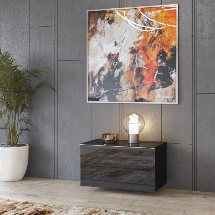 Meuble TV ou meuble d'appoint 80cm collection ZANTE avec 2 tiroirs. Couleur noir brillant pailleté