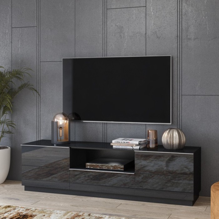 Meuble TV 180cm collection ZANTE avec 2 portes et 1 tiroir. LED incluses. Couleur noir brillant pailleté
