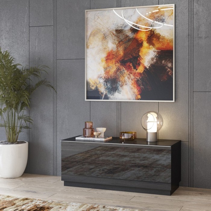 Meuble TV 120cm collection ZANTE avec 1porte. Couleur noir brillant pailleté