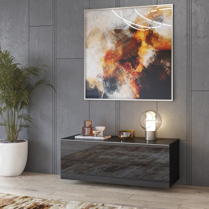 Meuble TV 120cm collection ZANTE avec 1porte. Couleur noir brillant pailleté