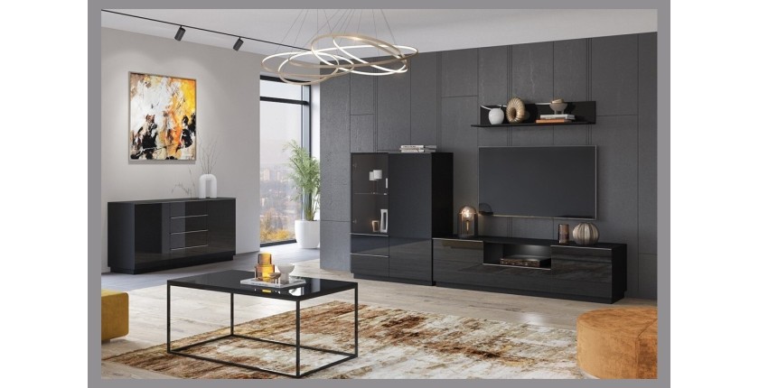 Ensemble de 5 meubles de salon collection ZANTE. Couleur noir brillant pailleté.