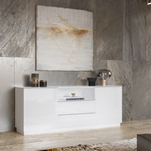 Buffet 180cm 2 portes et 2 tiroirs collection ZANTE. Coloris blanc brillant. LED incluses