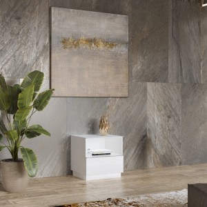 Petit Meuble TV ou meuble d'appoint 50cm collection ZANTE avec 1 tiroir et une niche avec LED. Couleur blanc brillant.