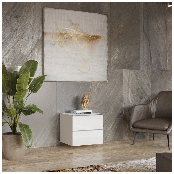 Petit Meuble TV ou meuble d'appoint 50cm collection ZANTE avec 2 tiroirs. Couleur blanc brillant.
