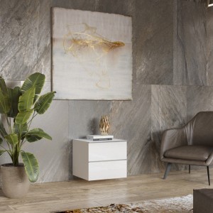 Petit Meuble TV ou meuble d'appoint 50cm collection ZANTE avec 2 tiroirs. Couleur blanc brillant.