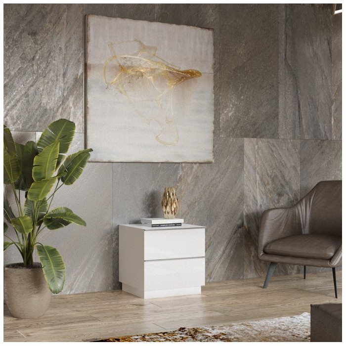 Petit Meuble TV ou meuble d'appoint 50cm collection ZANTE avec 2 tiroirs. Couleur blanc brillant.