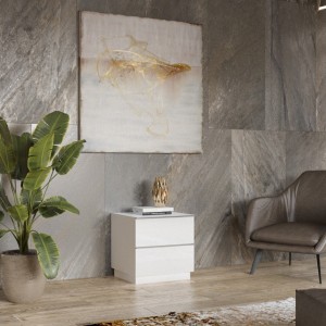 Petit Meuble TV ou meuble d'appoint 50cm collection ZANTE avec 2 tiroirs. Couleur blanc brillant.