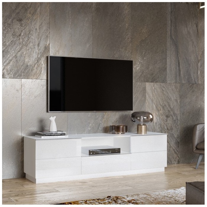 Meuble TV 180cm collection ZANTE avec 2 portes et 1 tiroir. LED incluses. Couleur blanc brillant.
