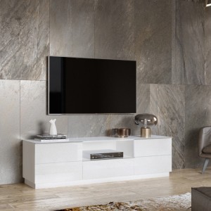 Meuble TV 180cm collection ZANTE avec 2 portes et 1 tiroir. LED incluses. Couleur blanc brillant.