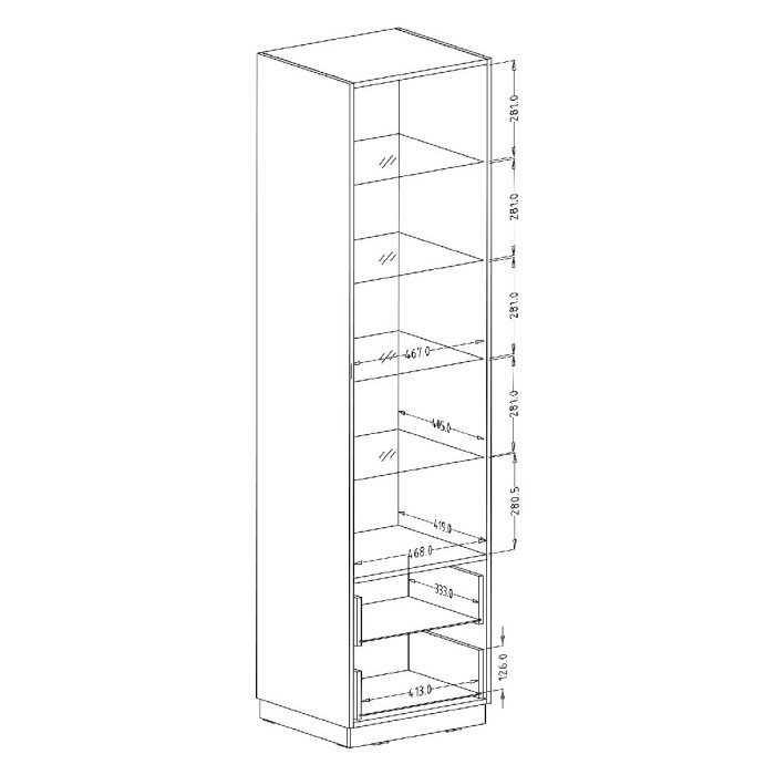 Vitrine haute, 1 porte vitrée et 2 tiroirs collection ZANTE avec LED intégrées. Coloris noir et gris brillant.