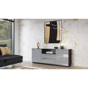 Buffet 180cm 2 portes et 2 tiroirs collection ZANTE. Coloris noir et gris brillant. LED incluses