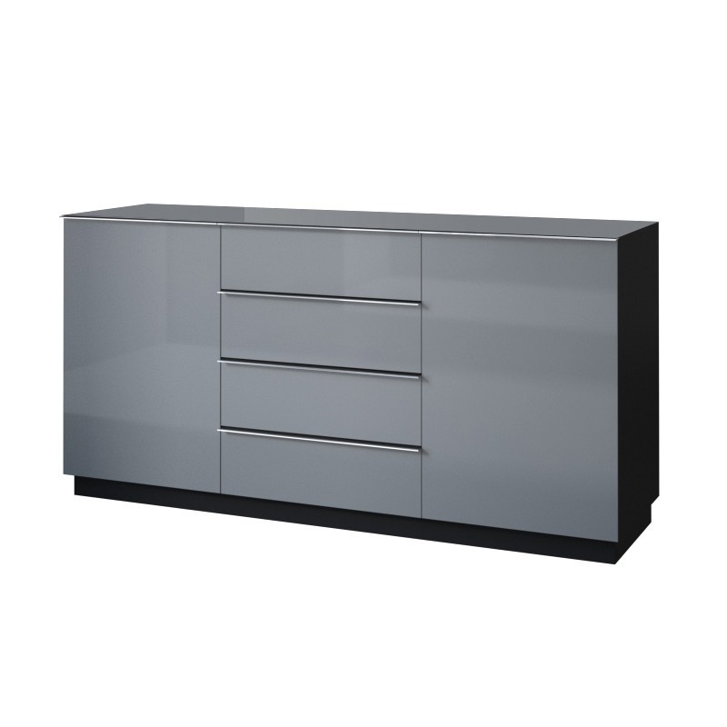 Buffet 160cm 2 portes et 4 tiroirs collection ZANTE. Coloris noir et gris brillant.