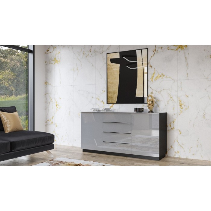 Buffet 160cm 2 portes et 4 tiroirs collection ZANTE. Coloris noir et gris brillant.