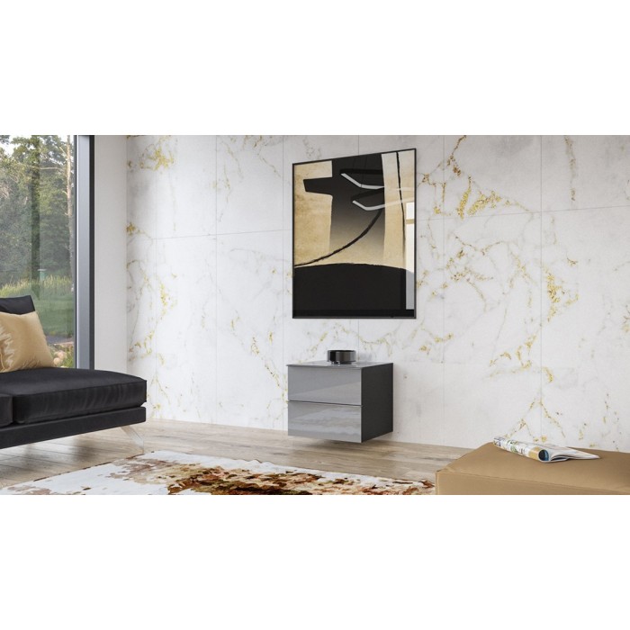 Petit Meuble TV ou meuble d'appoint 50cm collection ZANTE avec 2 tiroirs. Couleur noir et gris brillant.