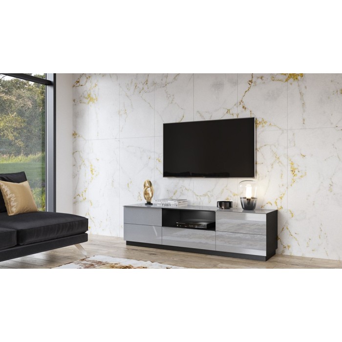 Meuble TV 180cm collection ZANTE avec 2 portes et 1 tiroir. LED incluses. Couleur noir et gris brillant.